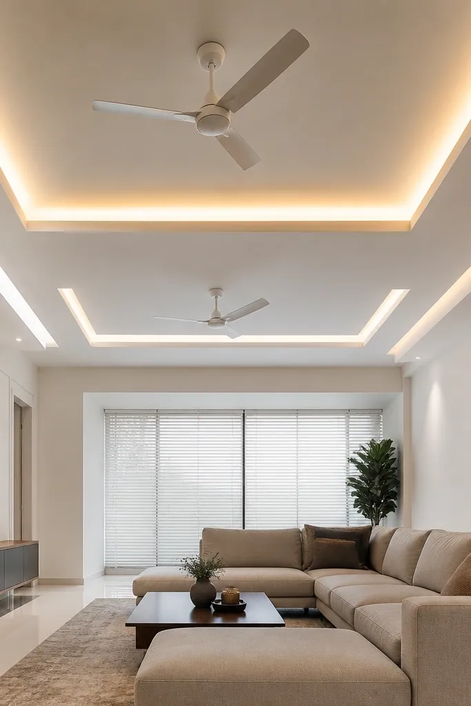 A two-step ceiling border with two fans sitting in the higher center zone.
