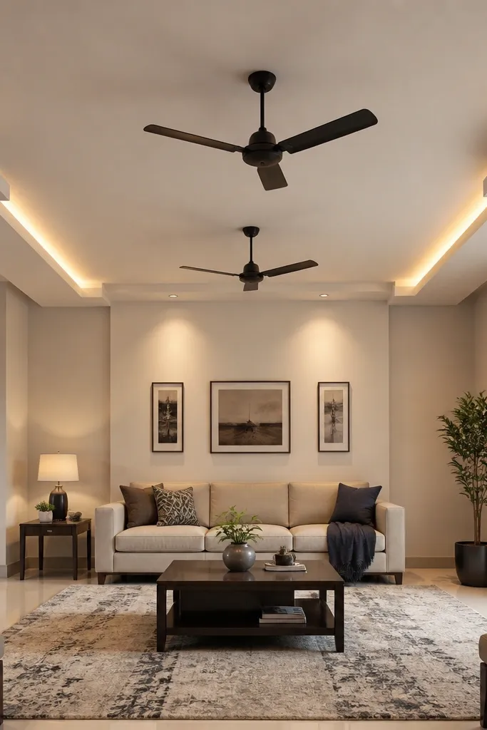 Two fans centered with heavier ceiling border blocks near corners and LED glow.