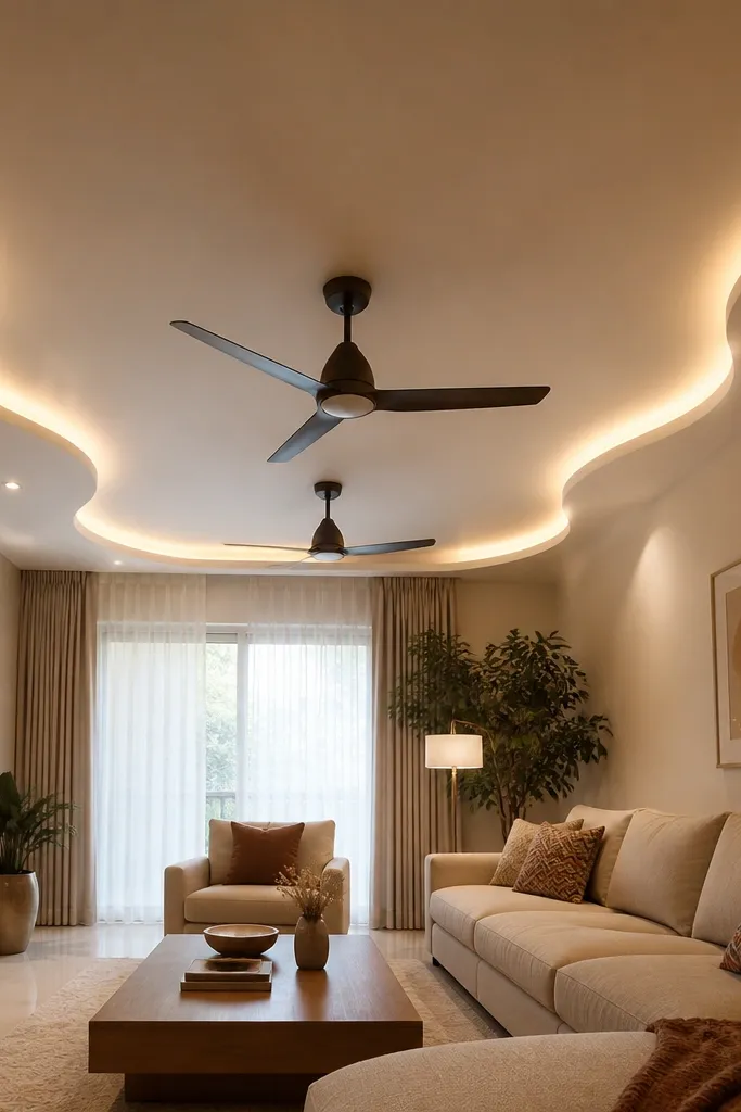 Two fans in a flat ceiling center with a wavy perimeter border and warm LED strip.