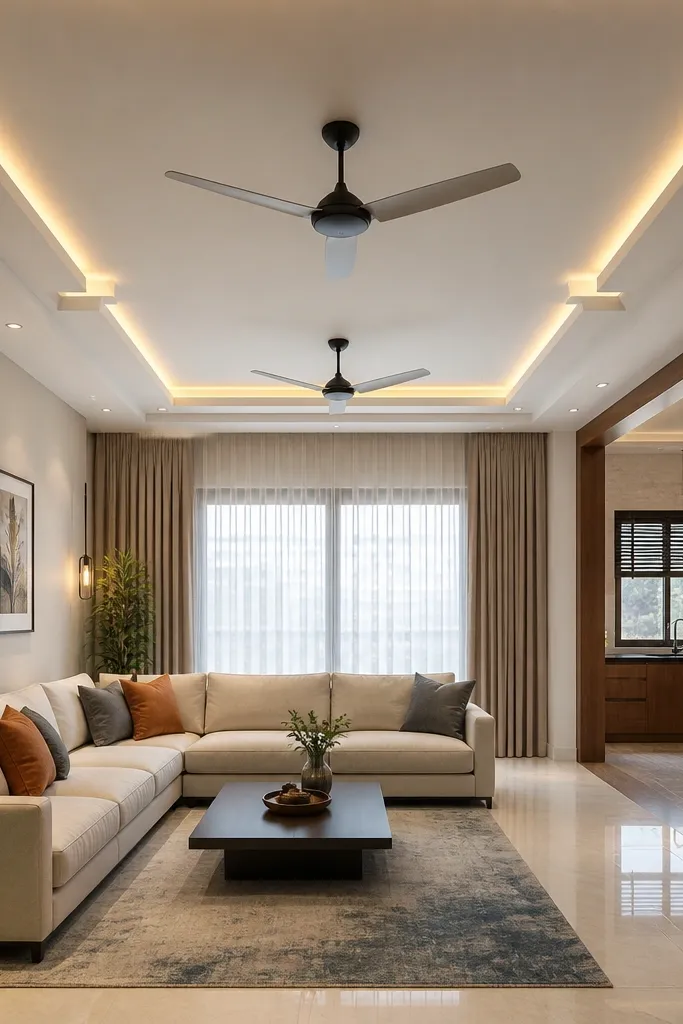 A perimeter border with two breaks, while two fans sit centered over the ceiling field.