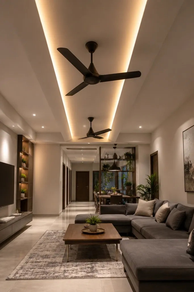 A ceiling with a raised center beam strip and two fans mounted below it.