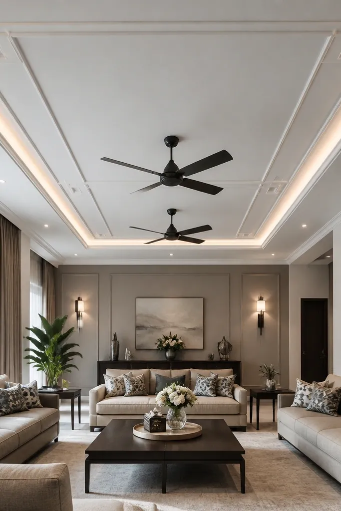 A ceiling border running corner-to-corner with two centered fans and warm LED lighting.