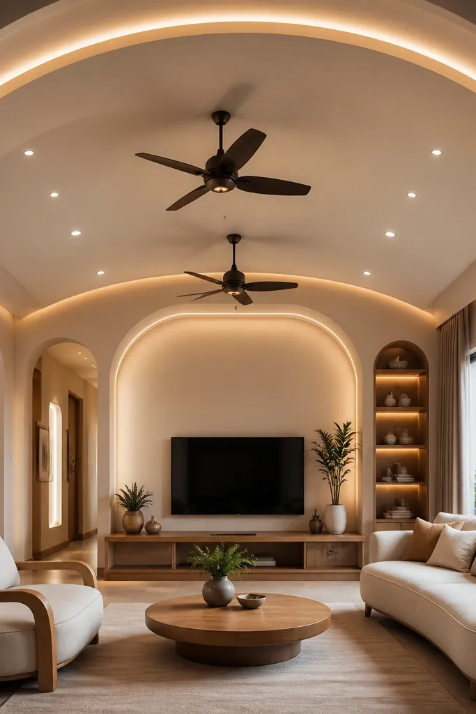 Two arched ceiling borders framing a middle area with two fans and warm LED lighting.