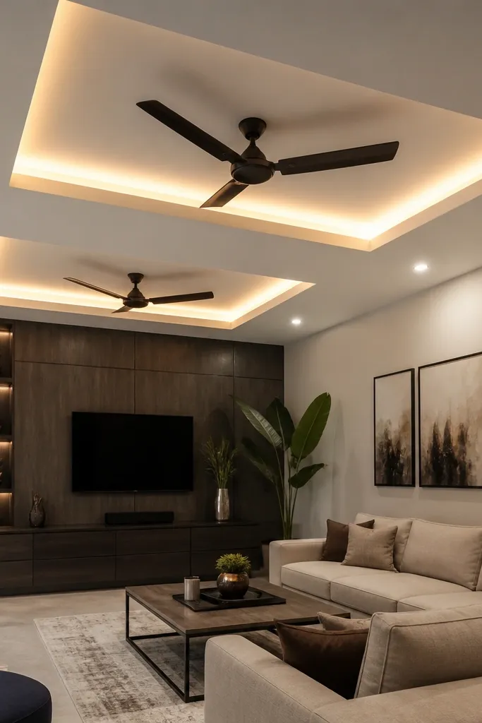 A perimeter border with two rectangular recessed pods, each holding one ceiling fan.