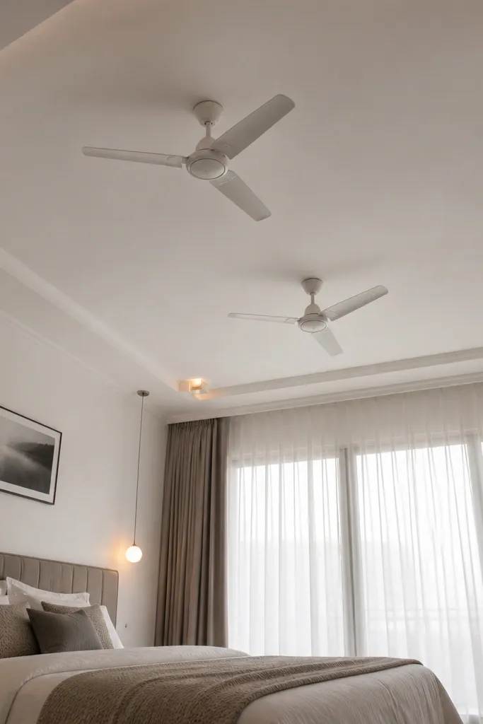 Corner square accents on the ceiling with two fans in a clean center area.