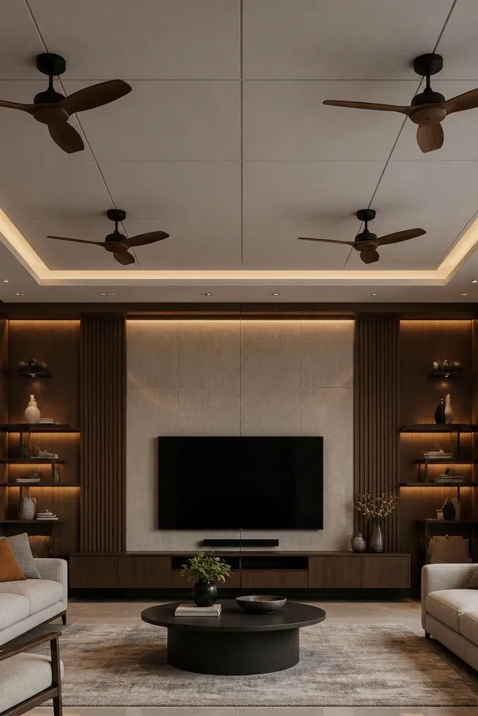 A grid-panel ceiling with a narrow border strip and two fans centered on grid intersections.