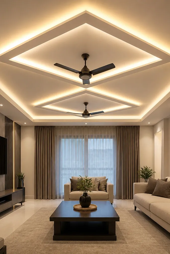 A raised diamond-shaped ceiling frame with two fans centered below it and warm LED glow.