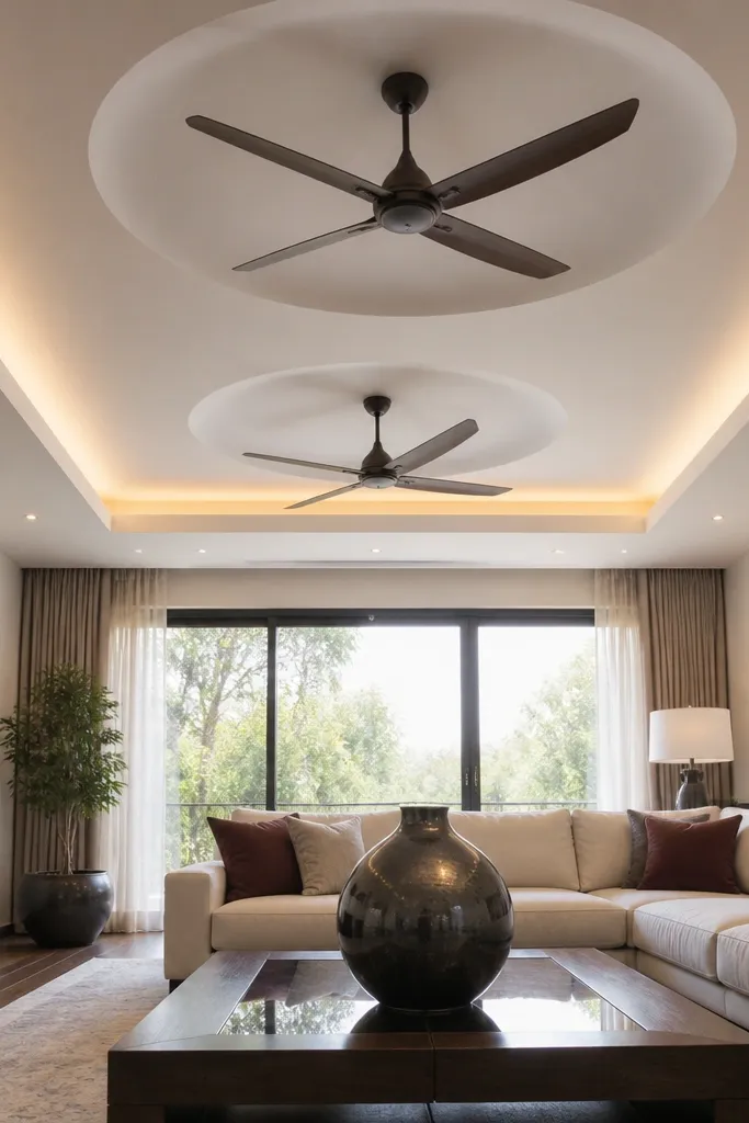 Two shallow dome-shaped ceiling recesses around two fans with LED perimeter lighting.