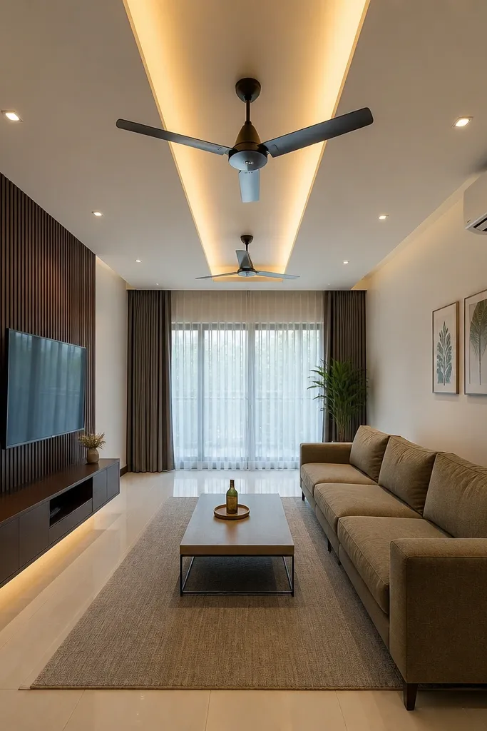 A long rectangular ceiling with a central channel and two fans mounted along the channel.
