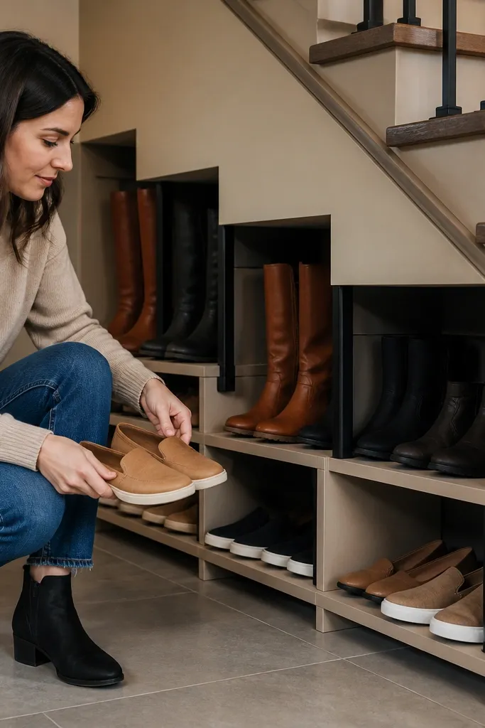 Under-stairs open compartments with different shelf heights holding shoes