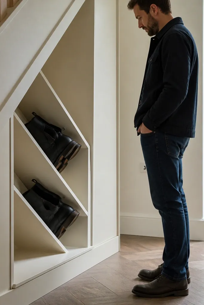 Under-stairs side wall with angled wooden slots for boots