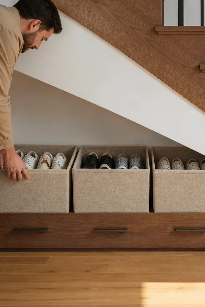 Under-stairs plywood platform with fabric bins sliding into place
