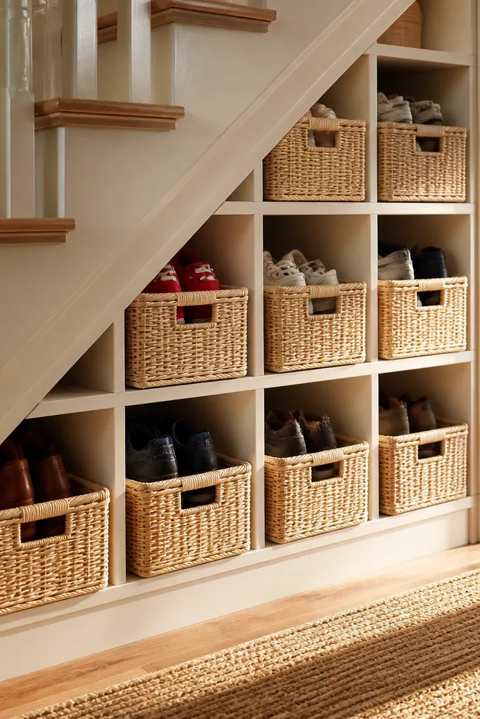 Built-in under-stairs shelves with baskets that slide in and out