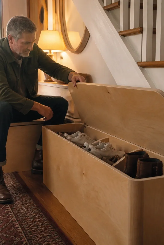 Bench under stairs with a lift-up top revealing shoe storage compartments