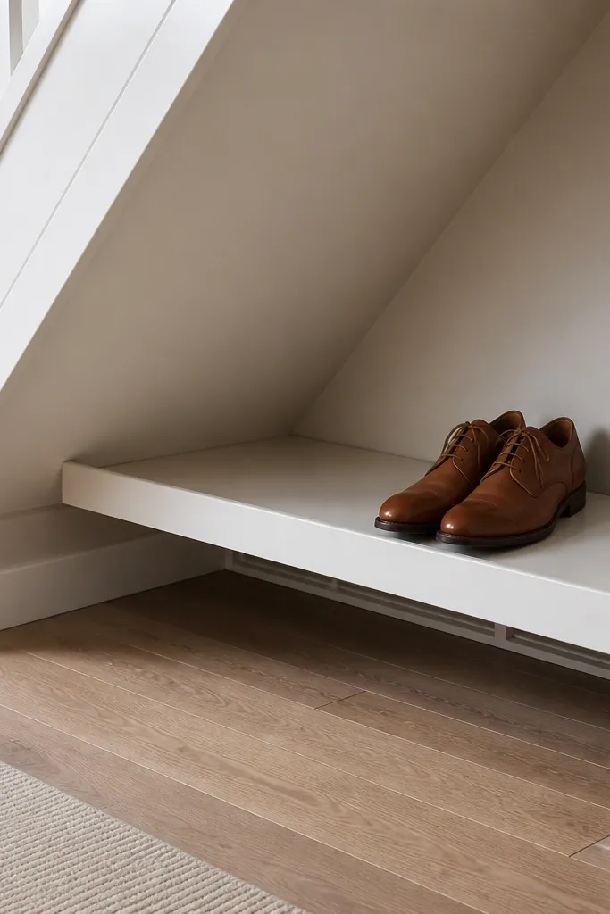 Under-stairs shelf raised above the floor with a front lip to stop shoes slipping