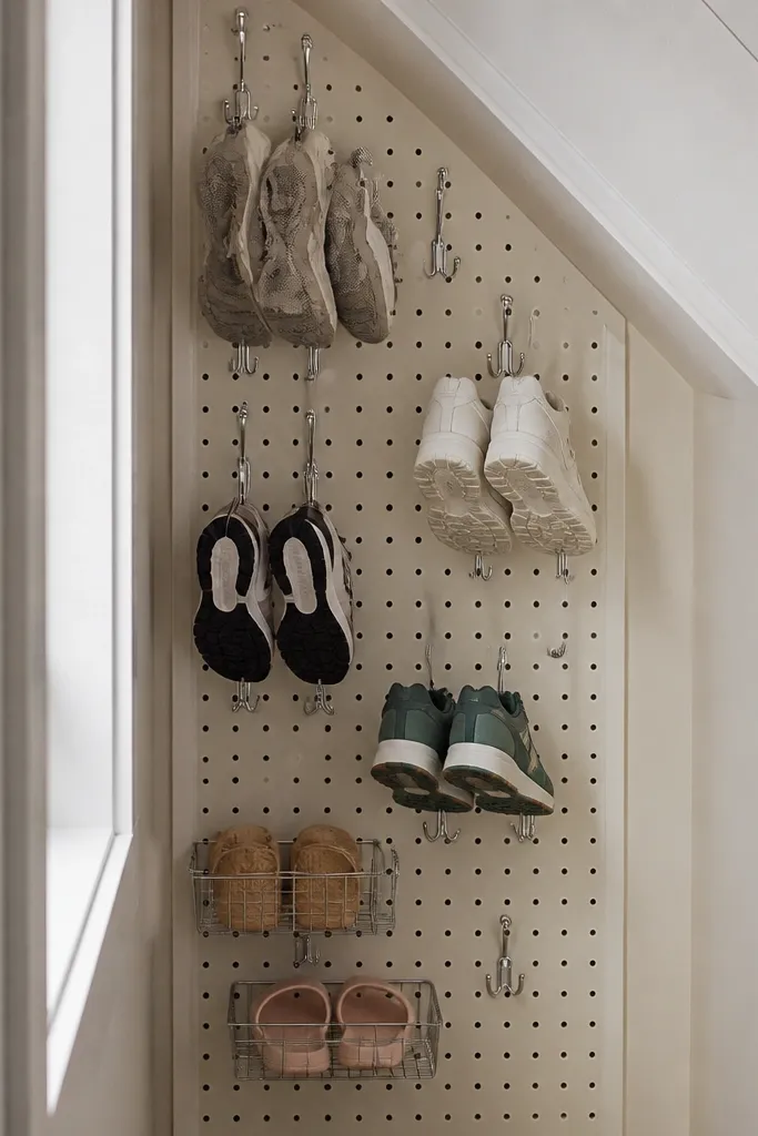 Pegboard panel under stairs with hooks holding shoes by pairs