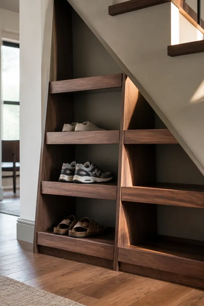 Under-stairs ladder shelf with angled supports holding shoes
