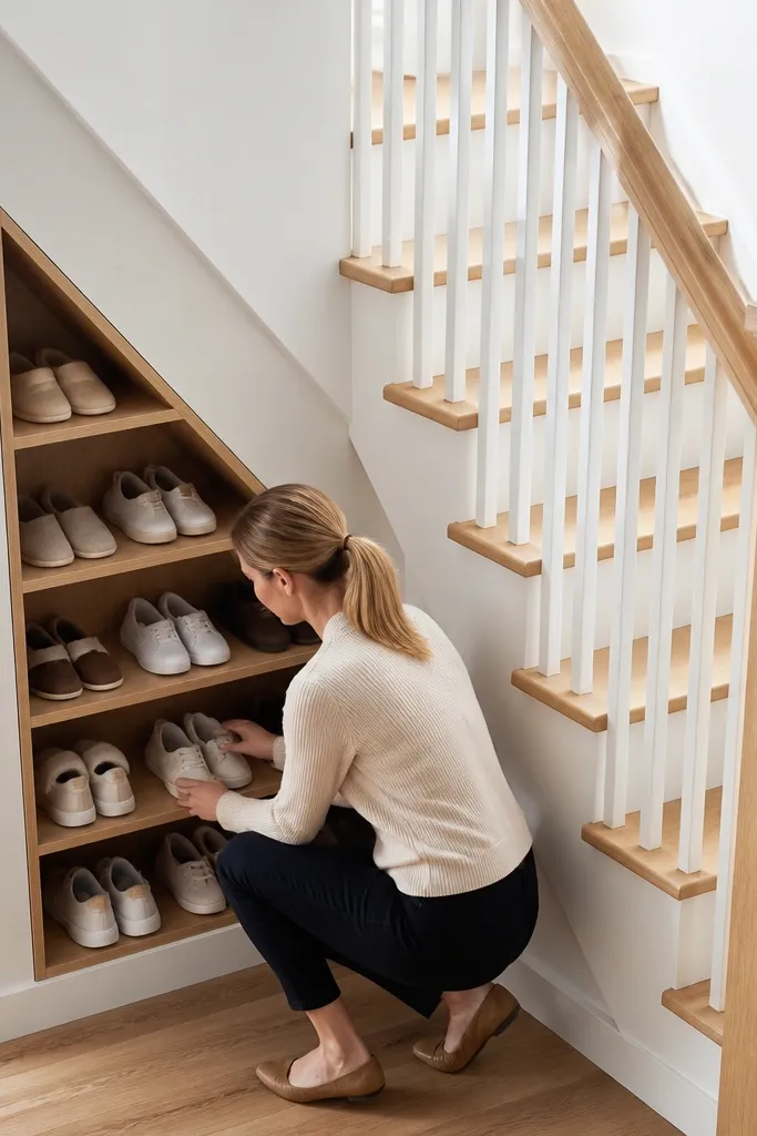 Triangular shelves in the under-stairs corner storing shoes