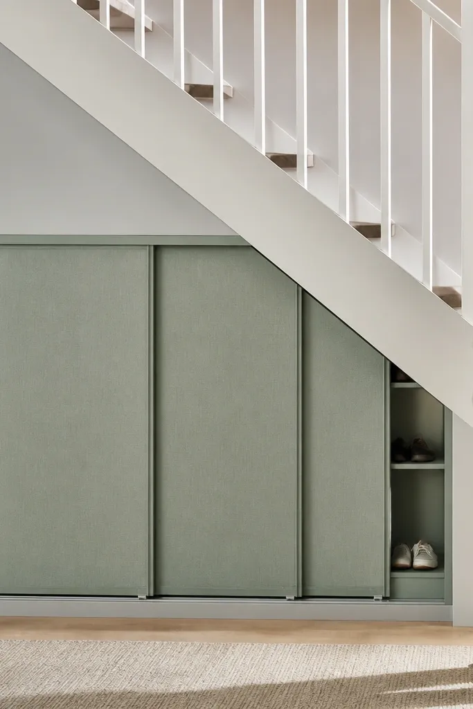 Under-stairs cubbies with simple fabric panels sliding to cover shoes