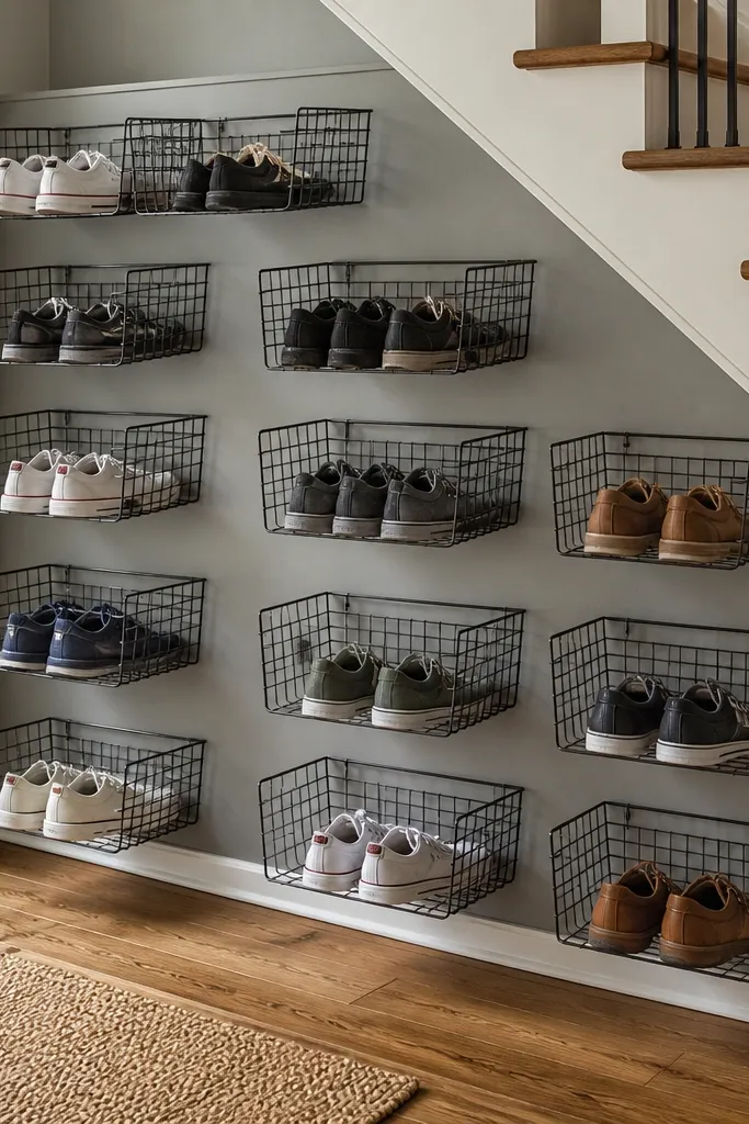 Plywood backboard with multiple wire baskets for shoes under stairs