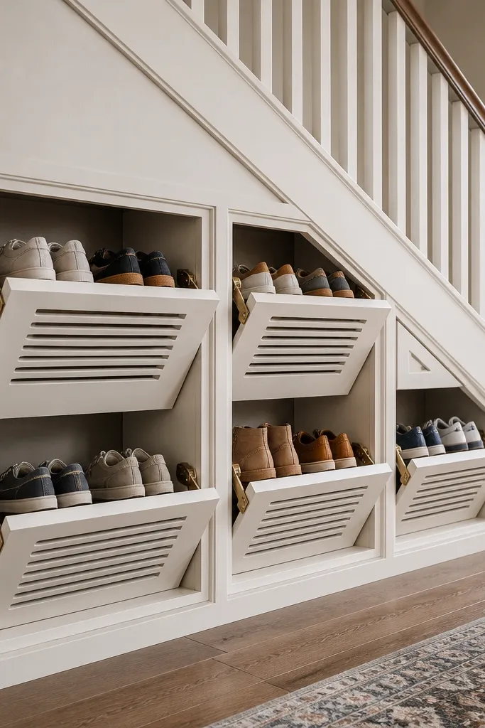 White shoe cubbies with small flip vents and a matching cabinet door