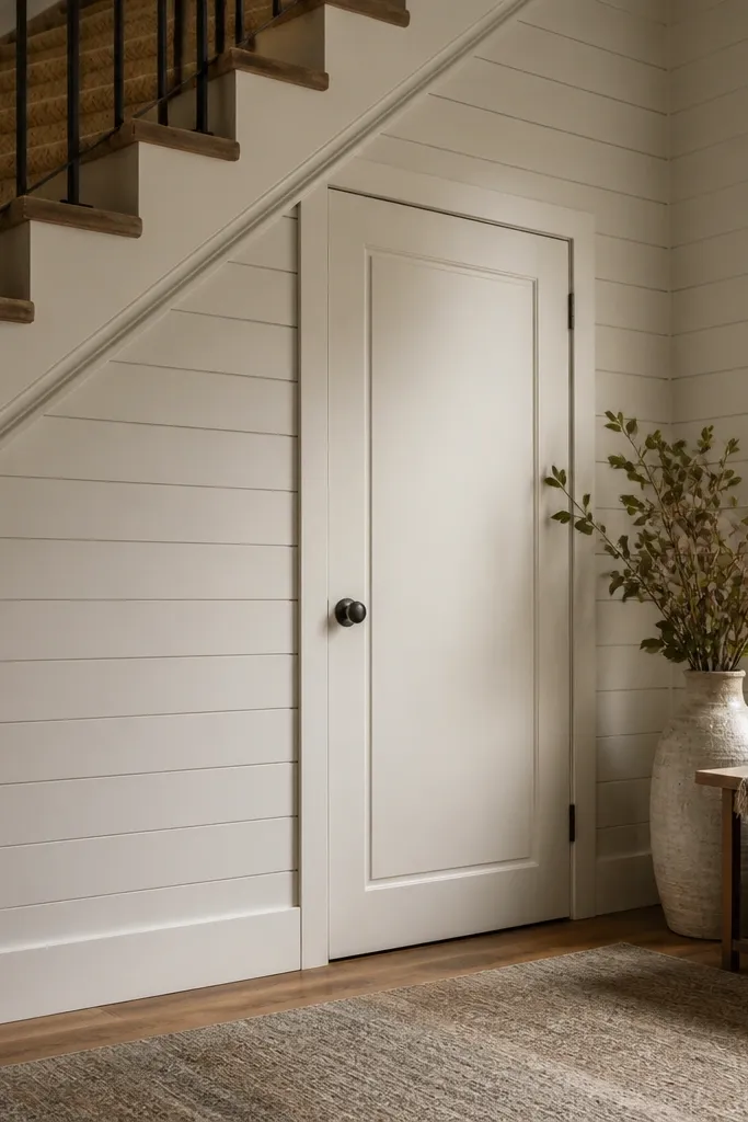 Light shiplap coat closet under stairs with a closed door and a hanging rail inside