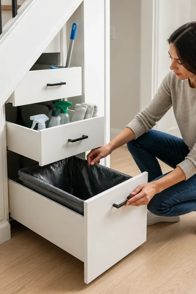 White under-stairs cabinet with two drawers and a pull-out bin handle