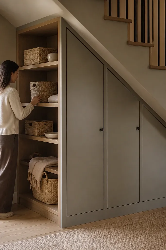 Under-stairs mix of open shelves and a closed cabinet door with matching trim