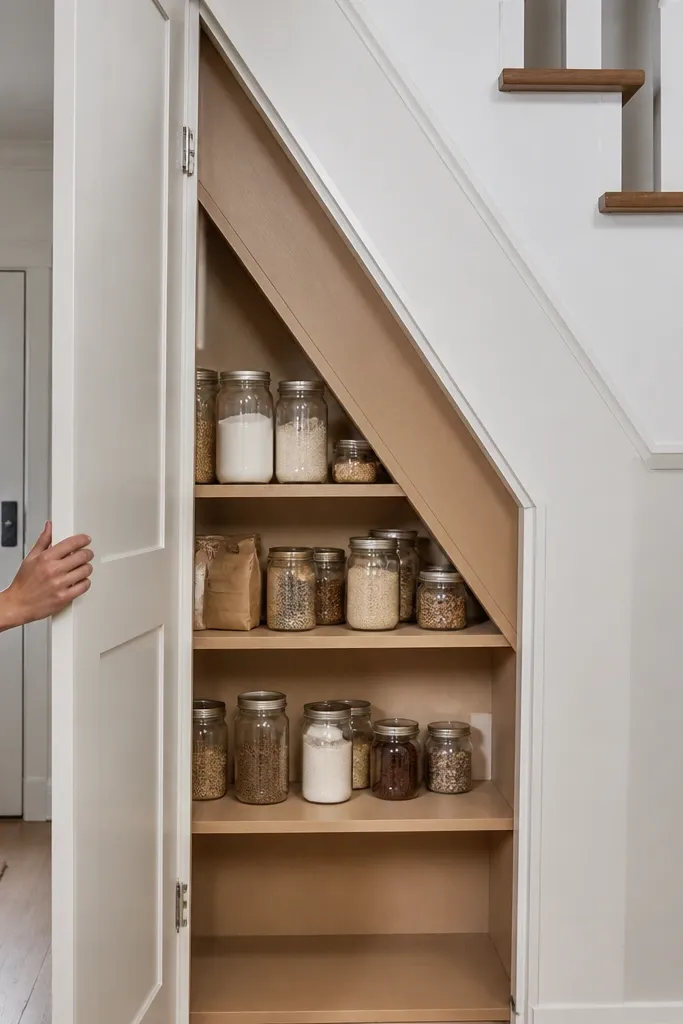 Under-stairs door with angled inner shelves that follow the slope