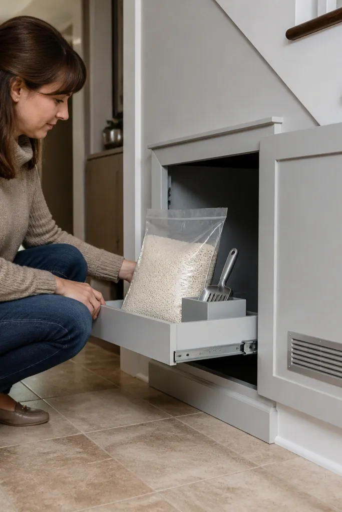 Under-stairs cabinet door with a vent grille and an open litter tray inside