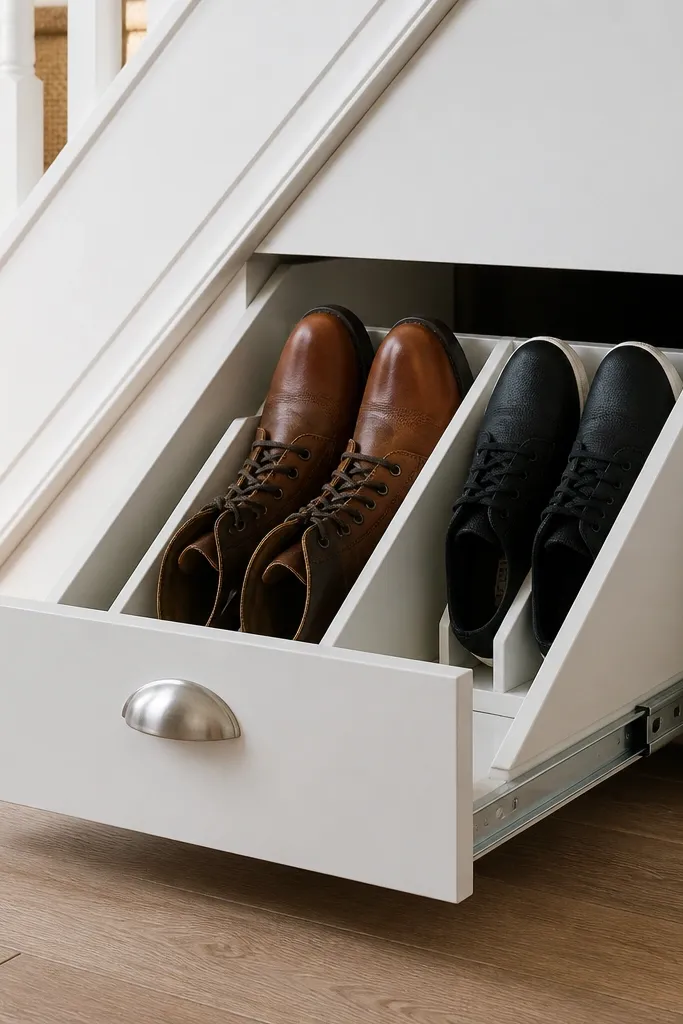 Narrow under-stairs pull-out shelf with vertical shoe dividers