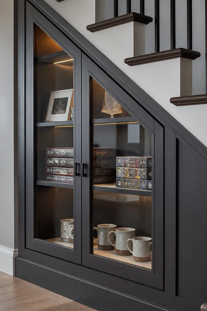 Under-stairs cabinet door with small glass panes and trim