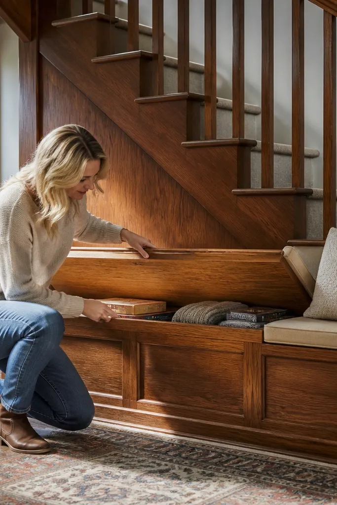 Under-stairs bench with a lift-up top revealing storage inside