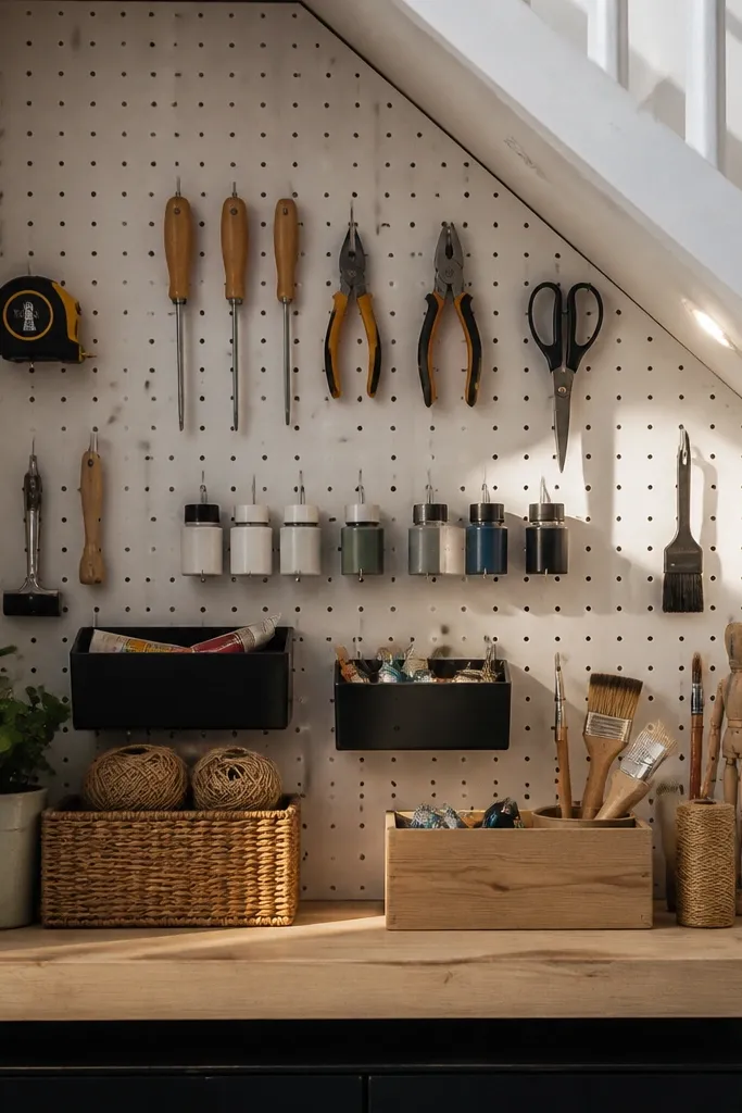 Under-stairs cabinet with pegboard back and neatly hung tools