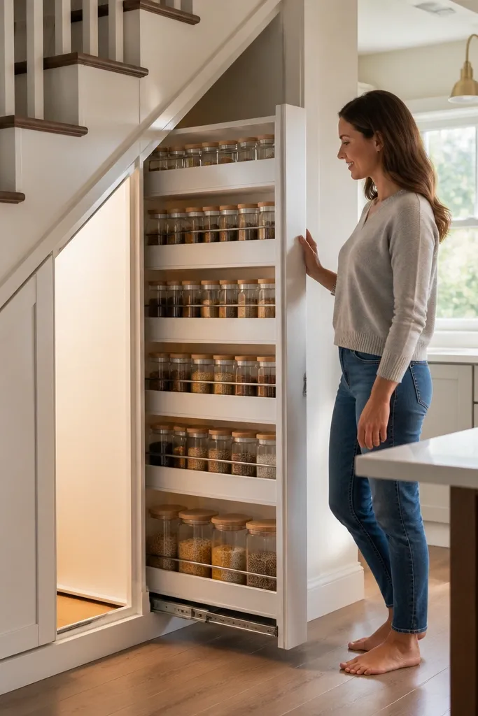 Under-stairs pull-out pantry with small jars on rolling shelves