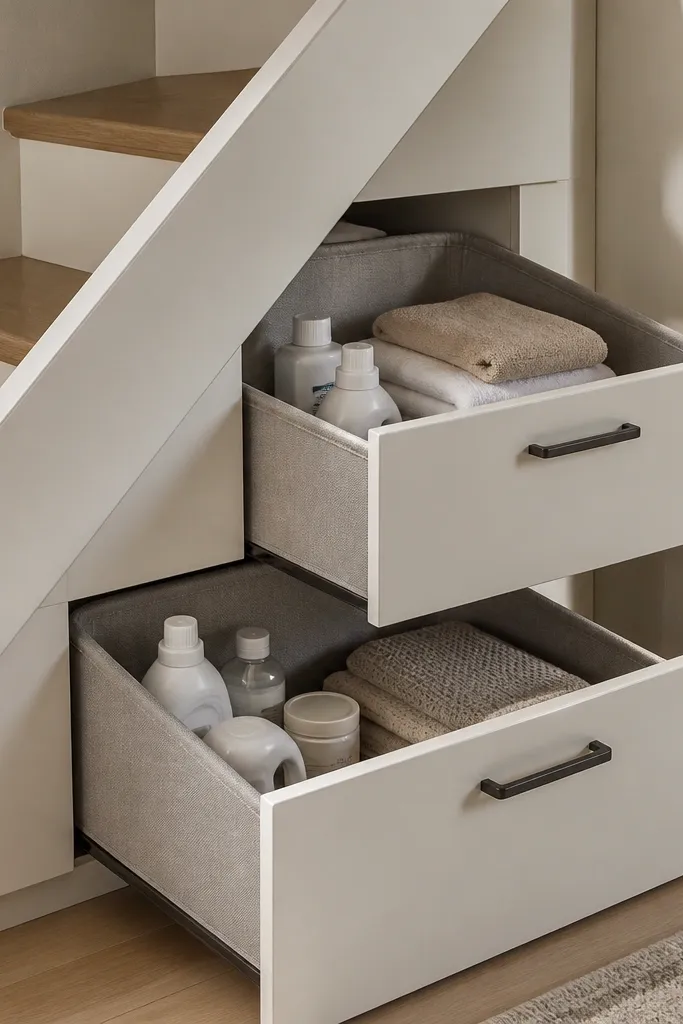 Under-stairs pull-out baskets with fabric lining and neat towel stacks