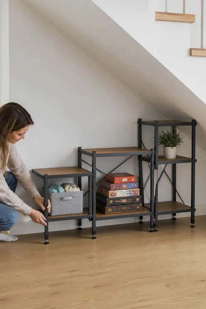 Stacked modular shelves under stairs with adjustable leveling feet