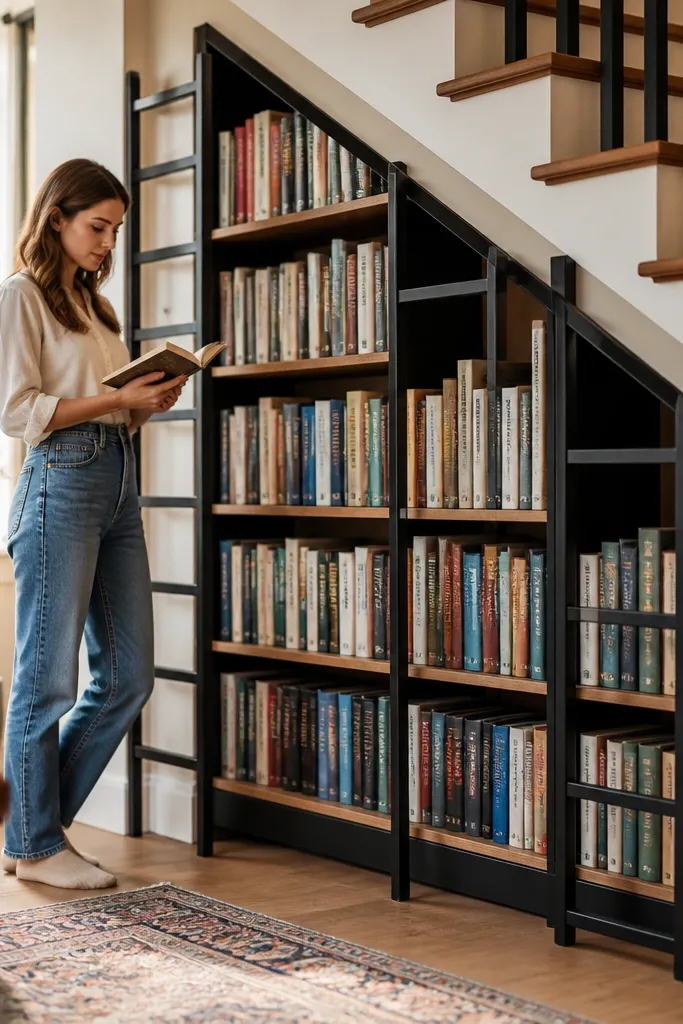Under-stairs book shelves with ladder-style side frames and a closed back panel