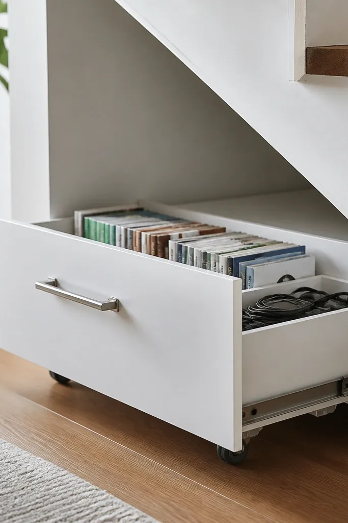 Under-stairs drawer front with a pull handle and rolling storage inside