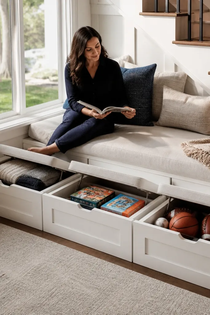Under-stairs storage bench with lift trays for blankets and games