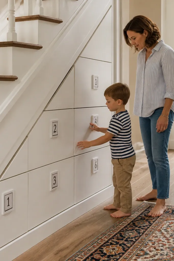 Under-stairs drawers with numbered fronts and labeled toy bins