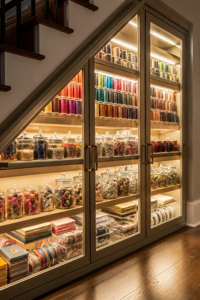 Under-stairs cabinet with recessed light and glass door showing organized shelves