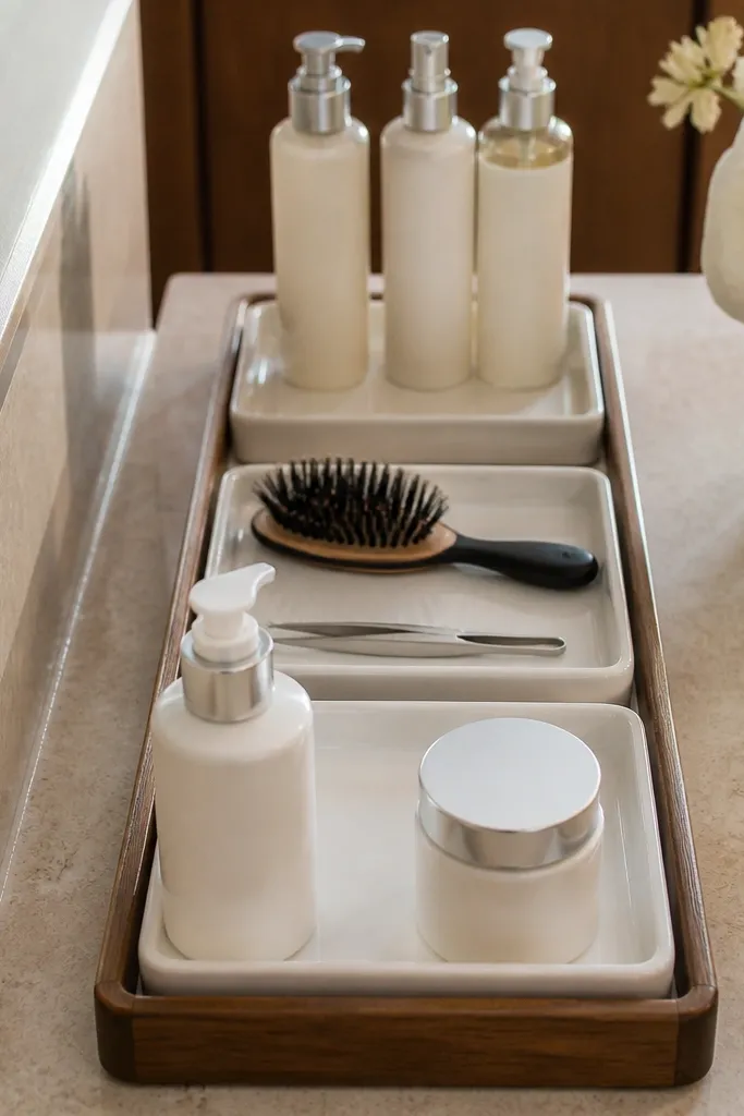 White vanity with a long tray split into three sections for daily skincare, tools, and backups