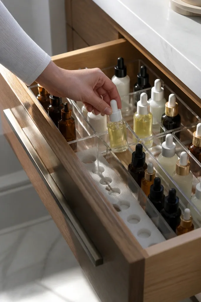 Open vanity drawer with clear bins and foam inserts holding bottles upright