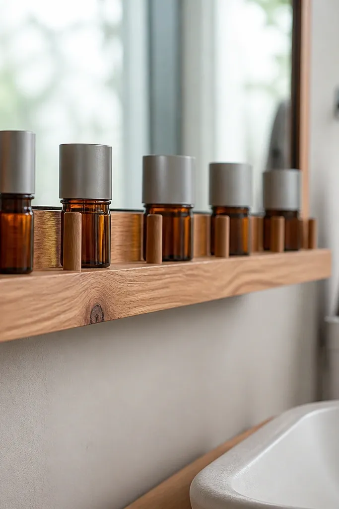 Slim wooden rail on vanity wall holding bottles upright in a neat row