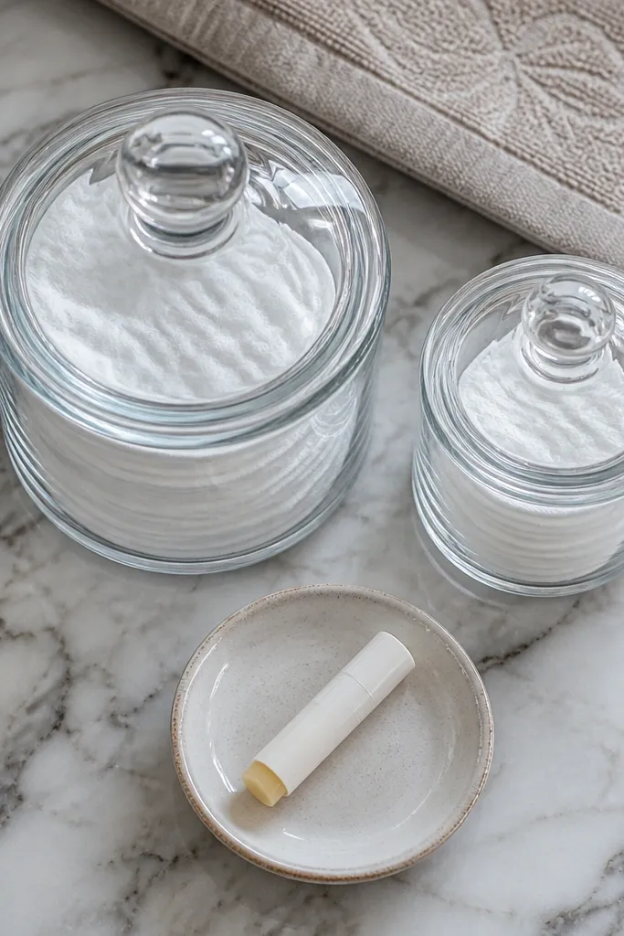 Matching glass jars with lids on vanity tray for cotton pads and small backups