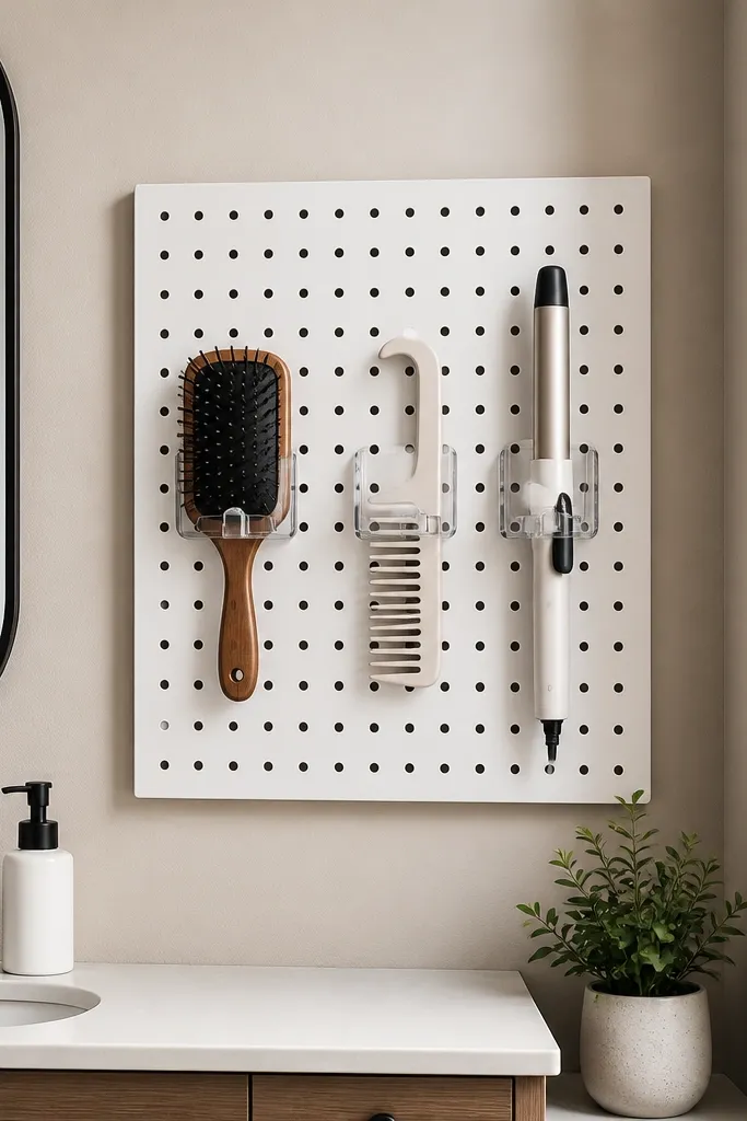 Small pegboard panel next to mirror with clear hooks holding hair tools and brushes