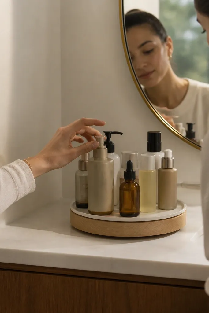 Small lazy Susan style turntable holding daily skincare bottles on a vanity corner
