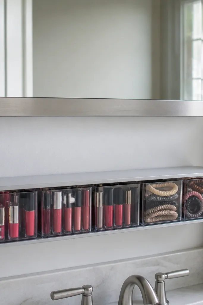 Under-mirror shelf with slim bins for hair ties, lip products, and travel sizes