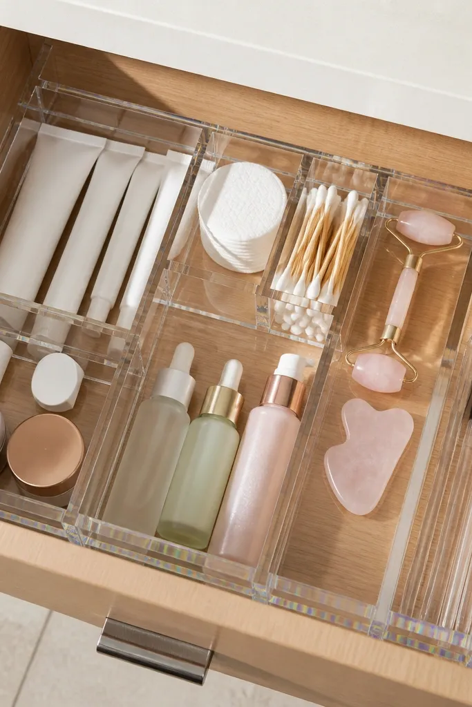 Vanity drawer with clear acrylic divider strips creating neat compartments